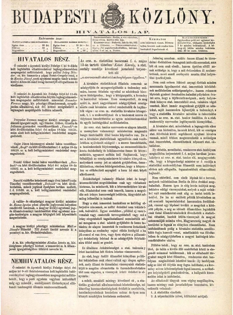 A földmívelés-, ipar- és kereskedelemügyi m. kir. miniszter által szervezett 1869. évi statisztikai tanfolyamon tartott előadások